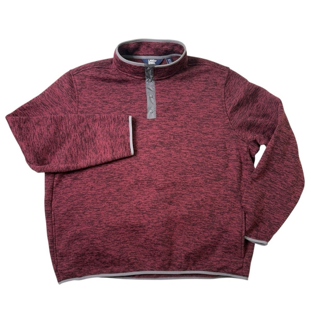 Lands End Mens XXL Sweater Fleece Pullover Quarter Snap Maroon Red Heather 50-52
